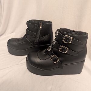 Black Platform Buckle Boots With Hearts